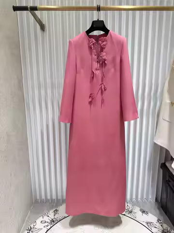 Women Luxury High-end Flower Embroidered One Piece Dress Top Quality Women Formal Rose Red Dress