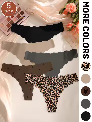 5-piece set of heart-shaped hollowed out wavy edge women's thong with leopard print multi-color brea