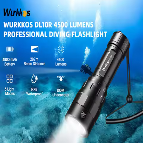 Wurkkos DL10R Scuba Diving Torch 4500LM Rechargeable 21700 XHP70.2 LED Lamp Underwater Lantern IPX8