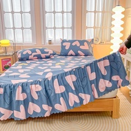 Pink Heart Bed Sheet with Ruffled Bed Skirting Bedspread Bedsheet Cover Single Queen King Size Cadar