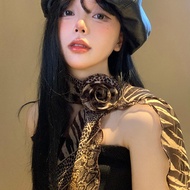 American Retro Leopard Rose Print Lụa Khăn Quàng Cổ Nữ Phụ Kiện Cổ Y2K /Năm 2000 Dài Thời Trang Phon