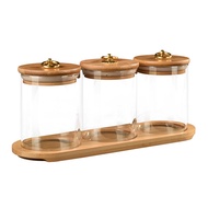 3 in 1 Kaca Tempat Bumbu / Candy Jar / Toples Kaca Diamond 3in1 dengan Nampan Kayu