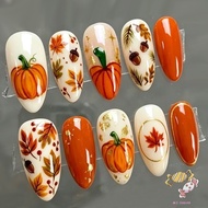 30Pcs Halloween Pumpkin Fake Nails - 3D Maple Leafs Autumn Wearable Nails
