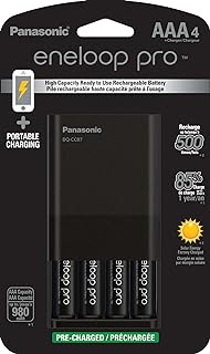 eneloop Panasonic K-KJ87K3A4BA Individual Battery Charger with Portable Charging Technology and 4AAA Pro Rechargeable Batteries, Black
