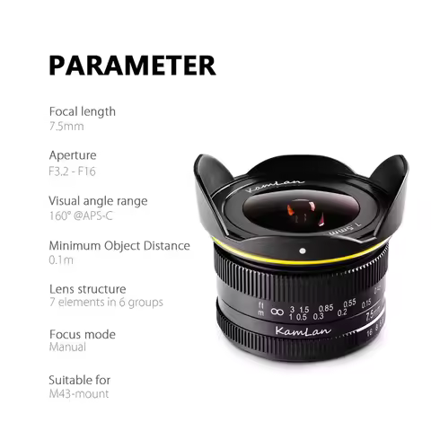 Kamlan 7.5mm F3.2 APS-C Wide-angle Fisheye Lens Manual for Mirrorless Panasonic Olympus Macro 4/3 M4