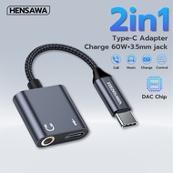 HENSAWA Model AD172 2in1 USB Type C to 3.5mm PD 60W Charging Adapter Bult in DAC chip 16Bit/48KHz Wi