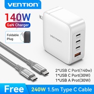 Vention 140W Gan Charger USB C Fast Charger หัวชาร์จเร็ว PD3.1 For iPhone 15 14 13 Pro Max Vivo Oppo MacBook Pro iPad Pro Samsung Xiaomi Huawei Vivo อะแดปเตอร์ Wall Charger PD Charger Free USB C Cable 1.5m
