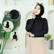 Manset Lengan Panjang Wanita Leher Tinggi, Pakaian Dalaman Muslimah Kaos Polos Hitam Terlaris
