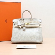 HERMES Birkin258L冰川白正方塊鱷魚皮Y刻金扣肩背包