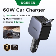 UGREEN 60W Car Charger PD30W Fast Charge USB C*2+ USB A 70CM Retractable Cable for Laptop Phone Tabl