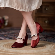 heels bertutup wedges heels tertutup Pearl Satin Square Toe Wedges - Thick Heel High Heels for Women