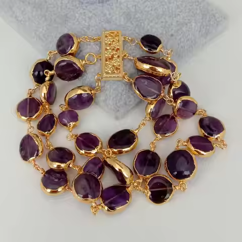 kkGEM 3 Strands Natural 10x12mm Amethyst Oval Pave With Electroplated Edge Wrap Bracelet 8"
