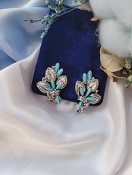 美國西洋古董飾品 / 銀色調藍色綠松石夾式耳環/復古首飾