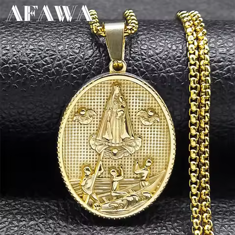 Catholic Virgin Mary Medal Pendant Necklace for Women Men Stainless Steel Gold Color Angle Holy Chai