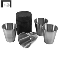 Stainless Steel Shot Cups, Set of 4 Cups, Metal Shot Glasses, Stackable, Hip Flask Small with Leathe