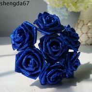 SHENGDA Foam Roses 10pcs Blue Roses Wedding Party Decor with Glitter Powder Artificial Flowers