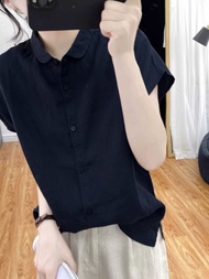 MUJI MUJI ผ้าฝ้ายผ้าลินินแขนสั้นเสื้อผู้หญิงฤดูร้อนใหม่สีทึบฝ้ายผ้าลินินด้านบนเสื้อ