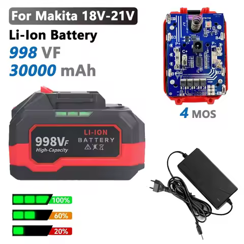 New 998VF 18V 20V 21V 30000mAh High Capacity Rechargeable Lithium Ion Battery with Capacity Indicato