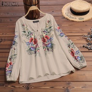 Muangee Phụ Nữ Vintage Retro Bohemian Áo Có Hoa Văn Tee Tay Áo Dài Áo Sơ Mi ZANZEA