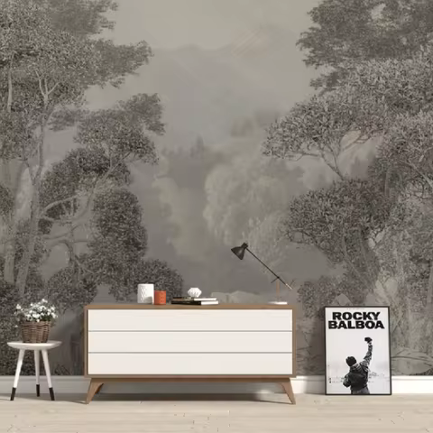 Custom wallpaper Nordic retro misty forest mural modern fresh fog forest cloud fog bird Nordic backg