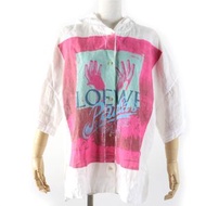 LOEWE x Paulas Ibiza S616Y07X32 白色和粉紅色相間的100%亞麻棕櫚印花連帽短袖襯衫，尺寸34，成色極佳。正品。女款。