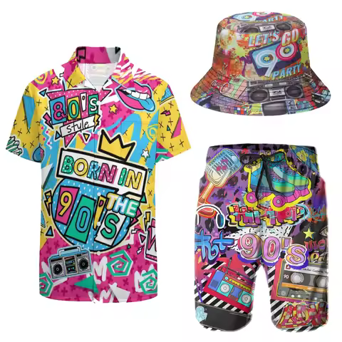 Men's 2 Pieces 80S 90S Outfit Retro 90S Shirts and Shorts Set Vintage Active Tracksuits Outfits with