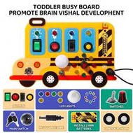 Montessori Toddler Activity Board - Cartoon Bus Busy Board, Educational Sensory Toy With Light Switc
