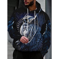 Nordic mythology Odin's crow print men's hooded sweatshirt, casual sports, polyester fiber top, stre