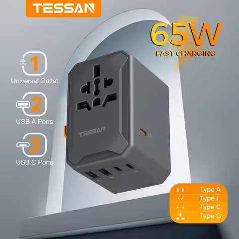 TESSAN Universal Travel Adapter GaN 65W International Plug Adapter with 2 USB & 3 Type C Fast Charge