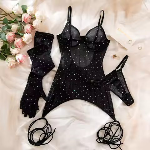 Sequin Bling Exotic Set Women See Through Lingerie Night Dress Thong Underwear Elegant Ladies Exotic