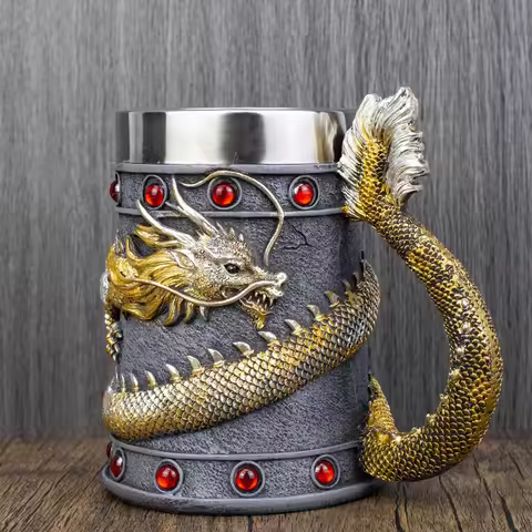 Mighty Asian Dragon Mug Tankard 304 Stainless Steel Resin 3D Retro Beer Tankard Stein Cup Mugs BEST 