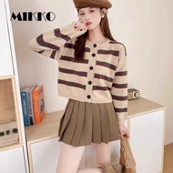 MikkO 2025 SS/AU Retro Contrast Stripe Sweater Jacket - Women's Loose Fit Round Neck Cardigan