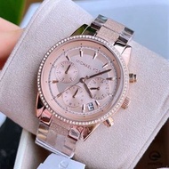 Michael Kors手錶女 新品MK手錶 玫瑰金色鋼鏈石英錶 大直徑鑲鑽時尚女錶 三眼計時日曆防水腕錶 金色不鏽鋼帶錶 MK6598