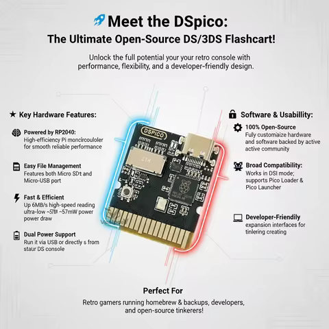 2PCS New DSpico Open Source R4 Alternative with Type-C RP2040 Supports NDS DSi 3DS