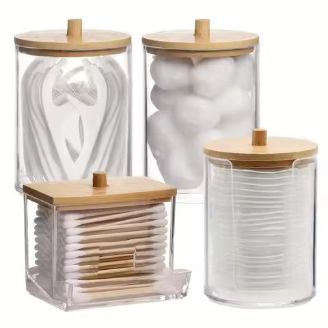 Cotton Swab Storage Box Double Head Wood Baby Cotton Swabs Transparent Square Bamboo Cover Cotton Bu
