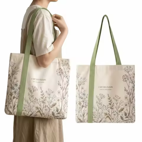 New Cotton Canvas Canvas Tote Bag Green Daisy Print Lightweight Shoulder Handbag Durable Carry Bag B