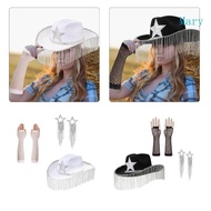 Mary Rhinestones Fringed Cowgirl Hat Sleeves Earrings Women Party NightClub Outfit