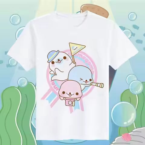Kawaii Japanese Mamegoma Print T-shirt Summer Short Sleeve Tee Casual Tops for Men Women Daily Wear 