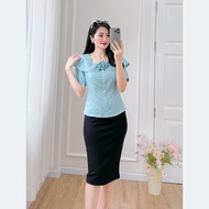 Áo kiểu nữ công sở cổ vuông tay ngắn phối hoa thời trang Eden - ASM239