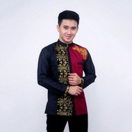 (baju koko pria, baju lebaran) baju koko bordil modern kombinasi batik