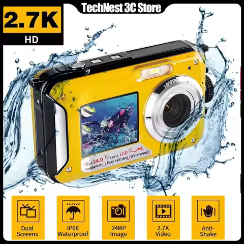 Full HD 2.7K 48MP 10ft Waterproof Underwater Digital Camera 16X Digital Zoom Front Rear Double Scree