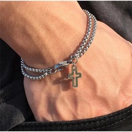 2021 New Men's Stainless Steel Alloy Double Strand Rolo Chain Bracelets With Cross Charms / Lobster 