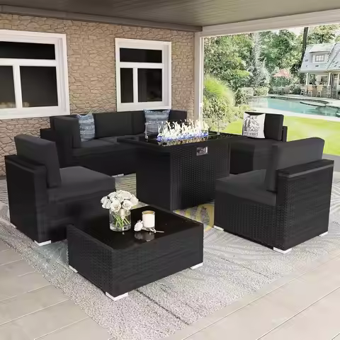8-Piece Outdoor Patio Furniture Set with 44 Gas Fire Pit Table and Wicker Sofa Sectional with Coffee