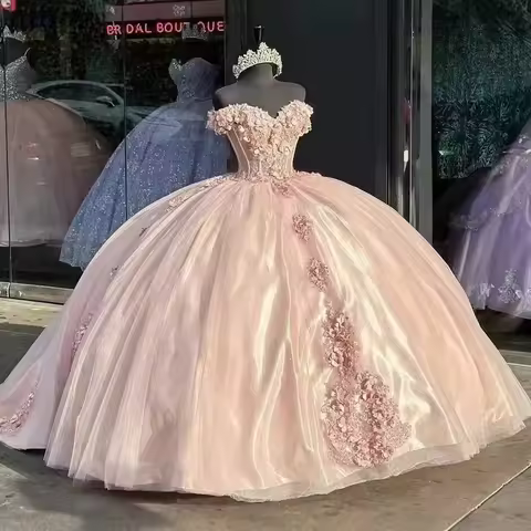 BOMARIS Pink Princess Ball Gown Quinceanera Dresses Vestidos De 15 Anos XV 3D Flower Lace Cinderella