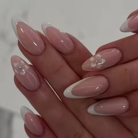 Transform Your Nails with, 24pcs white flowers French Almond Presson nails , Fit Perfectly& Medium L