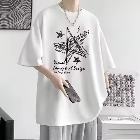 【 M-8XL 】 Summer limited edition men's oversized T-shirt Line stars printed T-shirt suitable for bot
