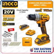 INGCO Cordless Brushless Impact Hammer Drill 13mm 20V w/ Battery &amp; Charger CIDLI20605 INPTCL