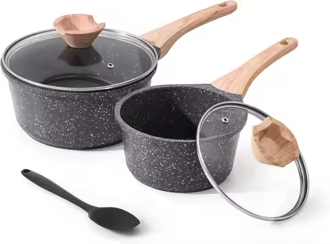 1.5QT & 2.5QT Non-Stick Saucepan Set with Lid, Granite Coating, Induction Compatible, PFOA/PFOS Free