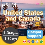 United States and Canada Travel eSIM Card: 90GB High-Speed Unlimited Data for 7-30Days 1/2/3GB Dail