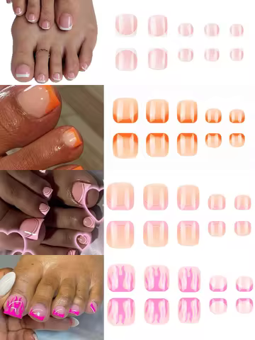 96Pcs Short Square Press On Toenails Flame French/Double Layer Pink French/Orange French/White Frenc
